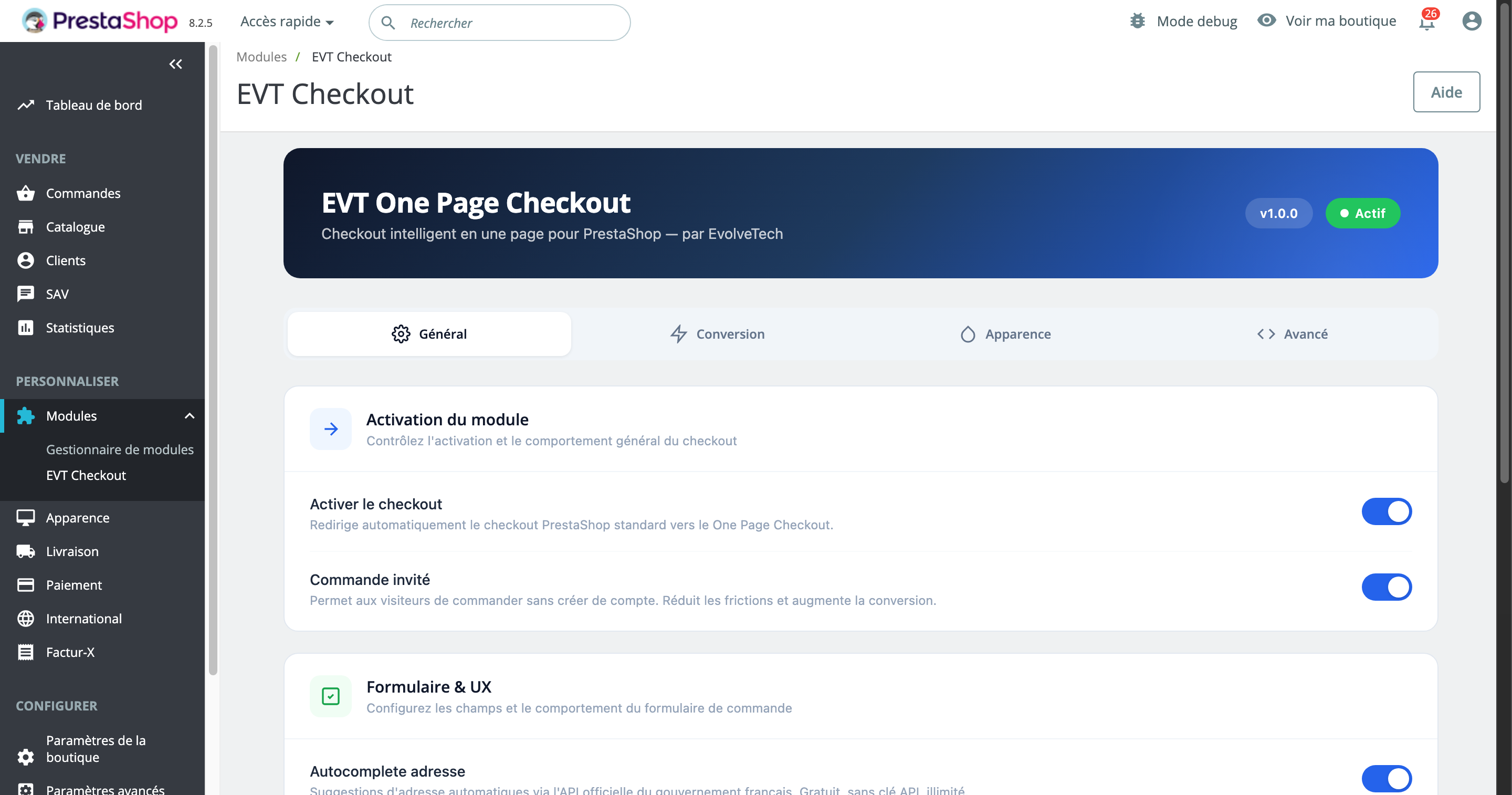 Administration — Configuration par onglets avec 14 paramètres