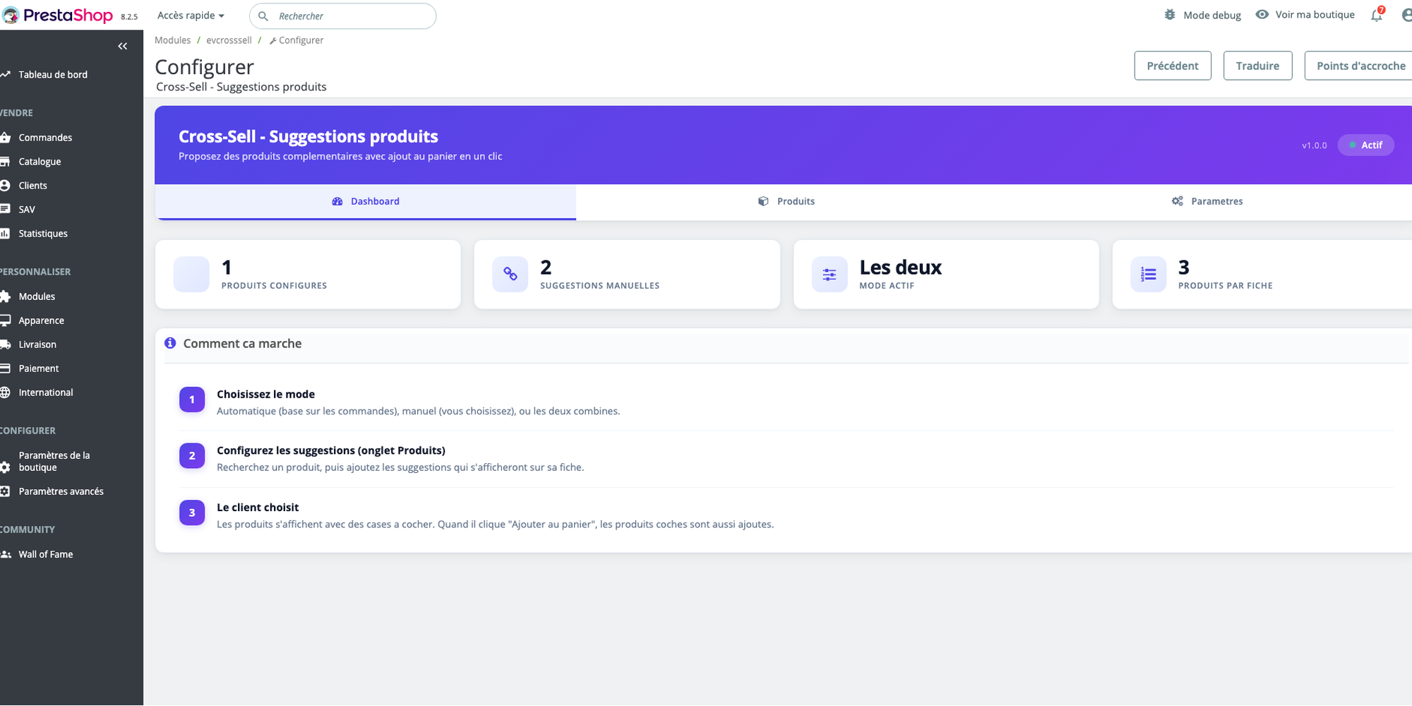 En-tête du module — Statut actif et navigation