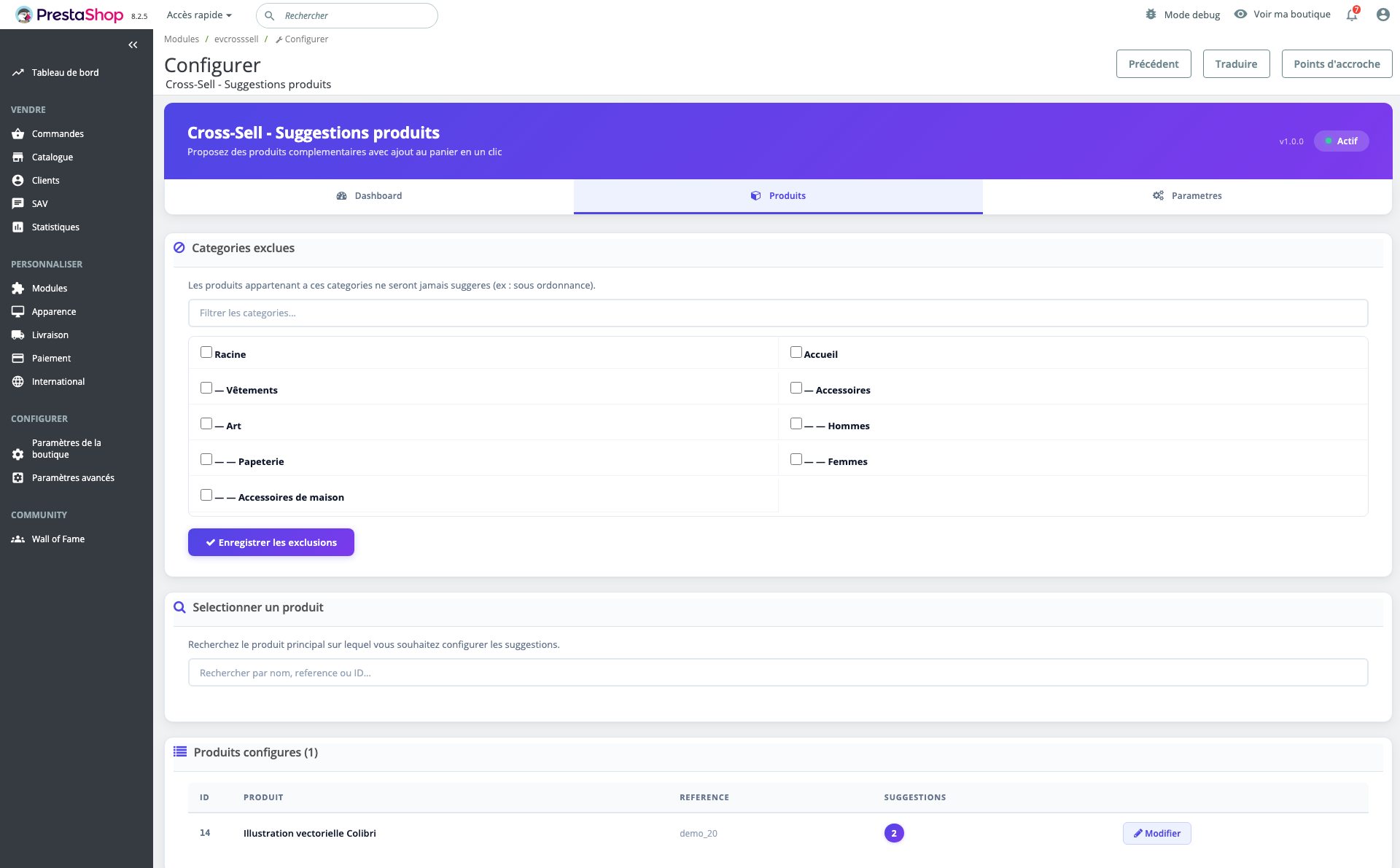 Gestion des suggestions — Recherche et configuration par produit