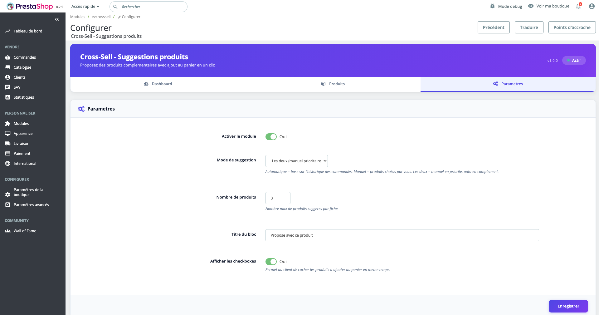 Paramètres — Mode de suggestion, nombre de produits, titre
