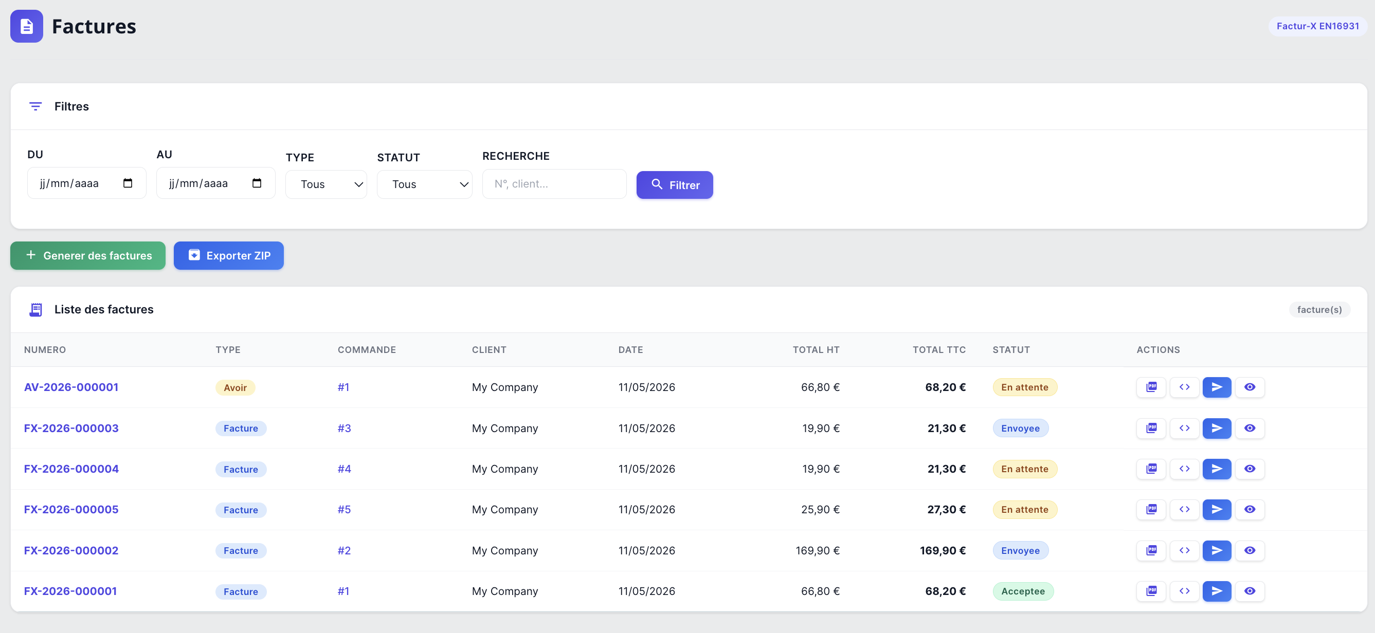 Liste des factures — Filtres par statut, type, date et recherche