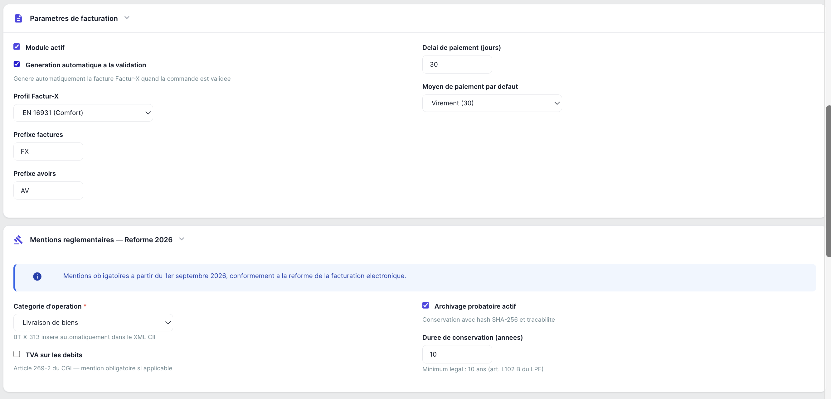 Réglages facturation — Numérotation, mentions légales et conditions