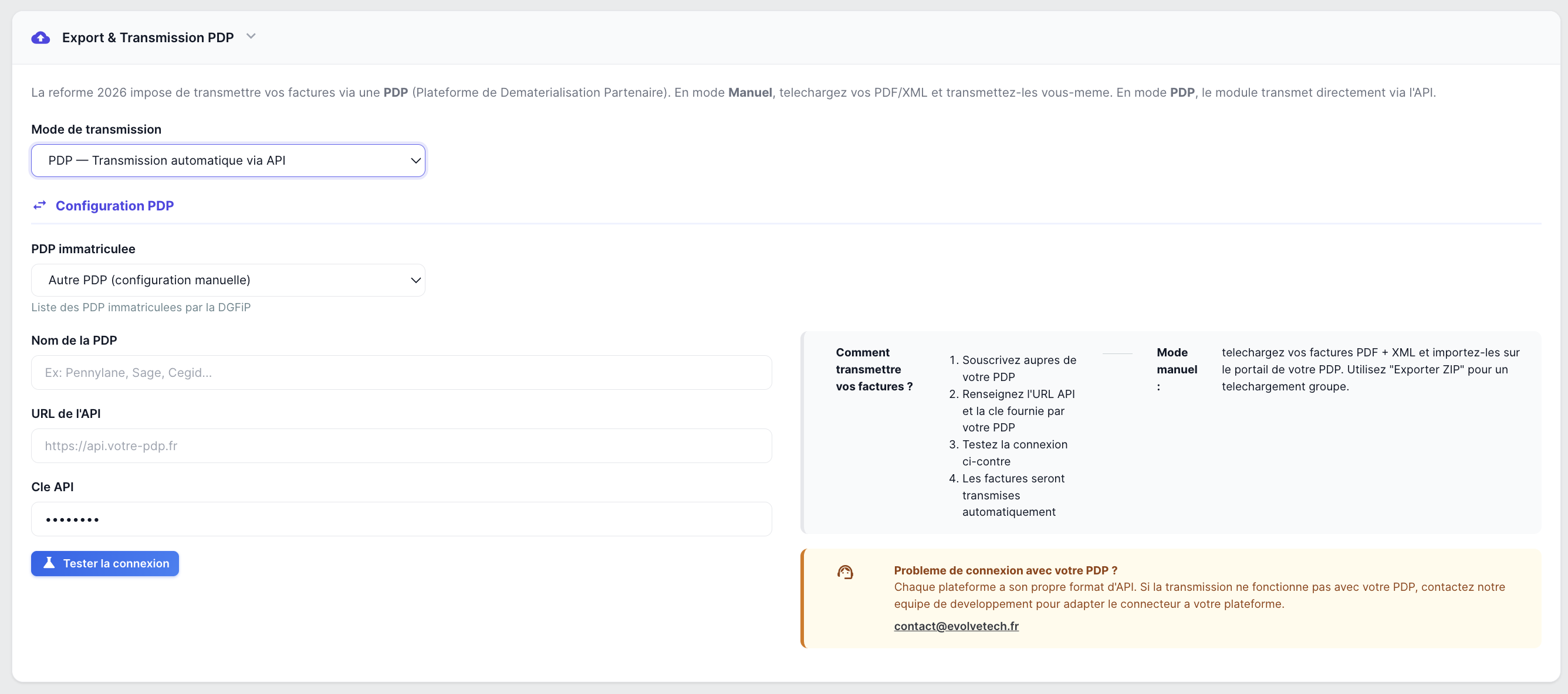 Réglages PDP — Configuration API de la plateforme de dépôt