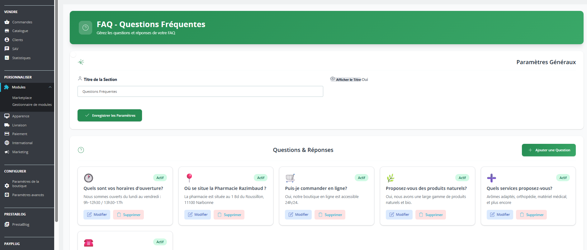 Module PrestaShop FAQ Questions Fréquentes - Back-office