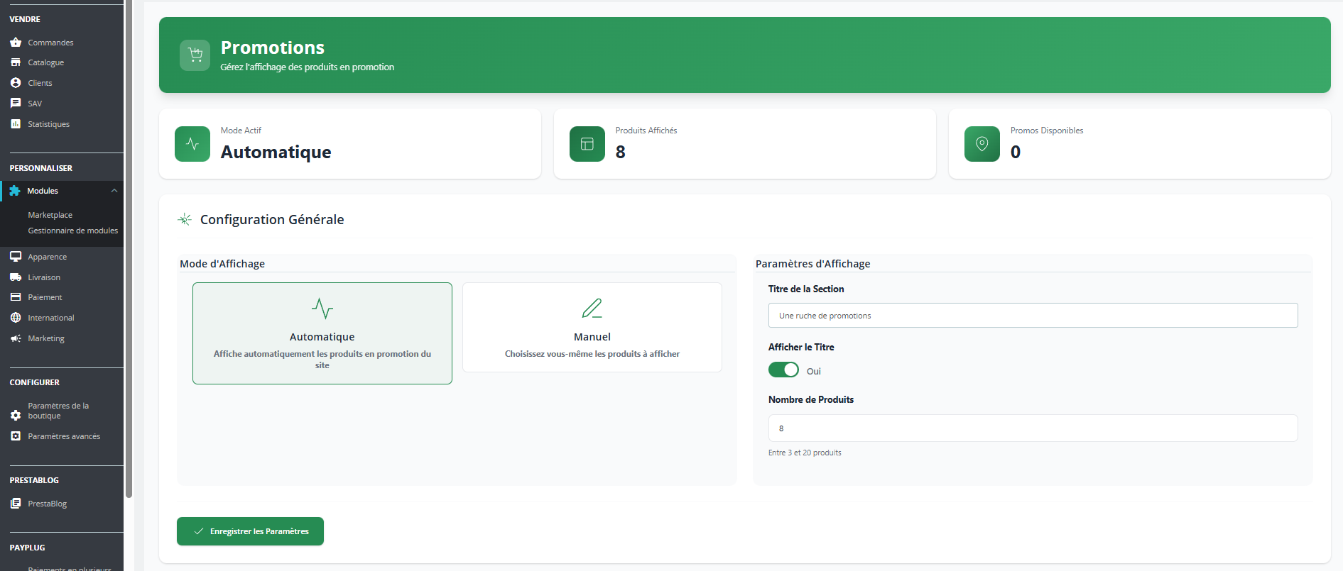 Module PrestaShop Promotions - Back-office