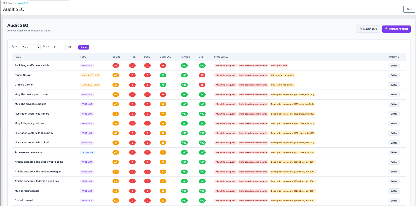 Audit SEO — Analyse détaillée de chaque page avec scores par critère