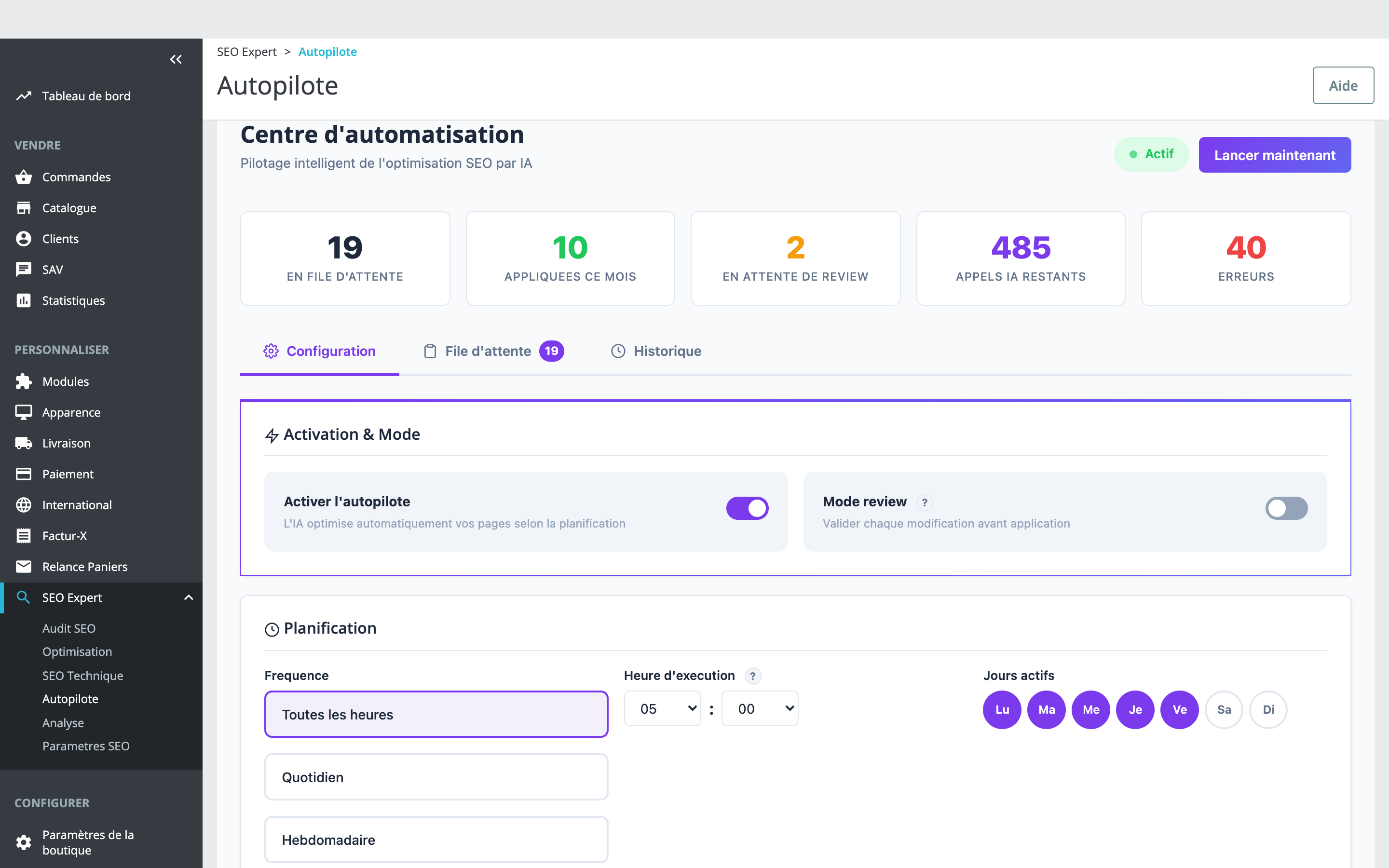 Autopilote SEO — L'IA optimise votre catalogue automatiquement selon vos règles