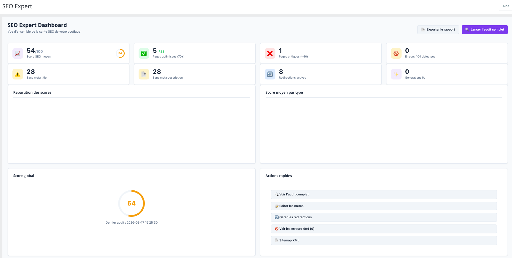 Dashboard du module SEO Expert + IA PrestaShop