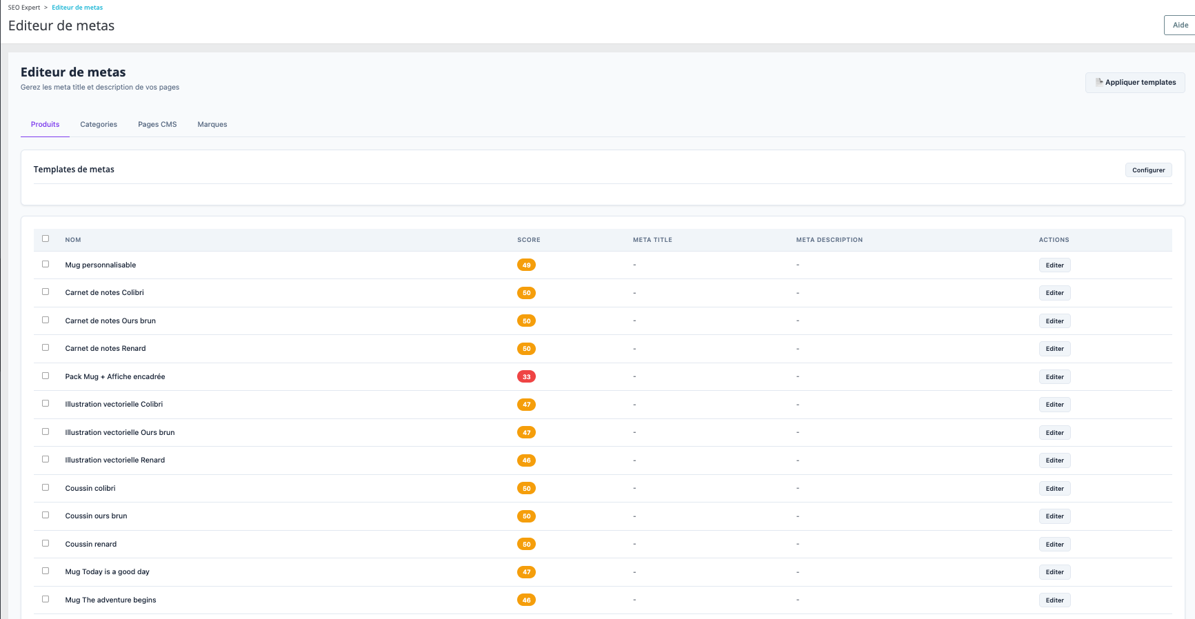 Éditeur de metas en masse — Gestion des meta title et description