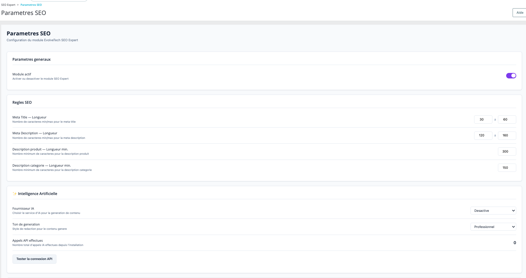 Paramètres SEO — Configuration des règles et de l'intelligence artificielle